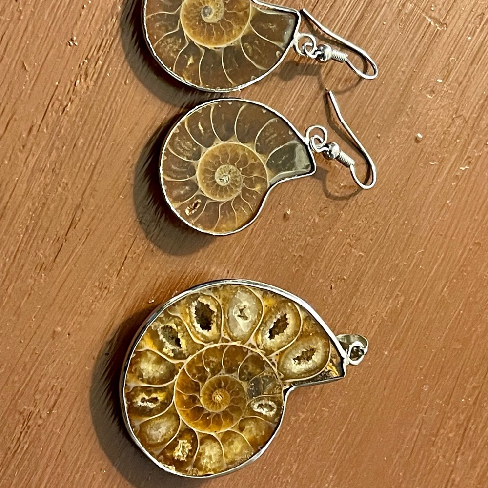 Ammonite earrings and pendant set sterling silver